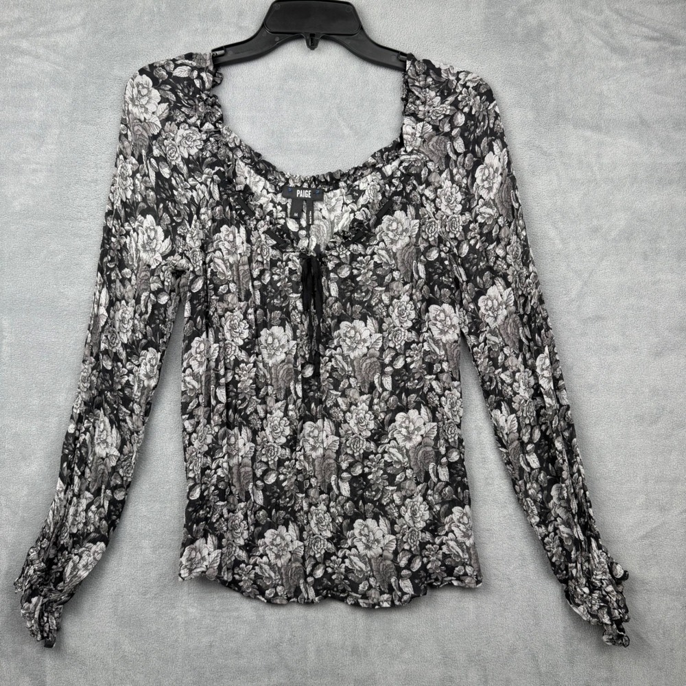 PAIGE Black Gray Floral Print Square Neck Long‎ Sleeve Silk Blouse Top M